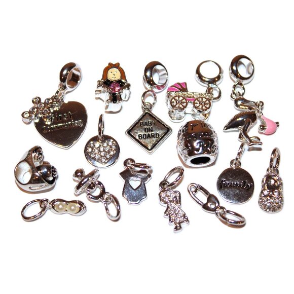 DaVinci Charm Bead Lot of 15 (for bracelets) Baby Girl Mother Mom Family Silver - Picture 1 of 4